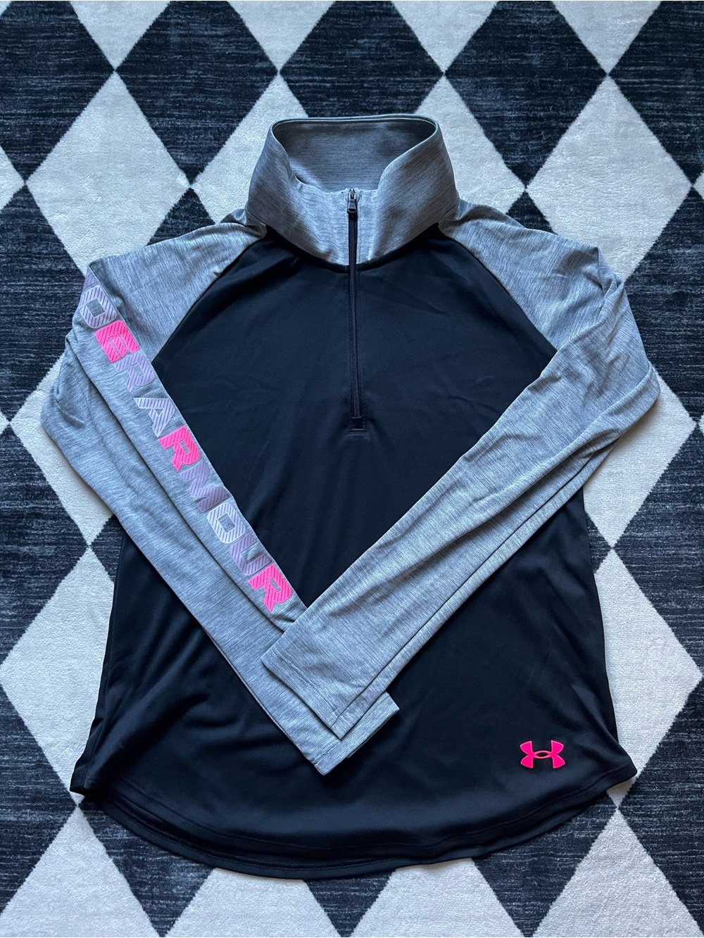 Under Armour Black & Gray 1/4 Zip Pullover with Pink Logo and Sleeve Script